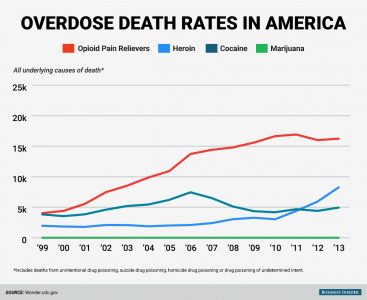 This chart shows how death rates from opioid usage in America have increased over time.