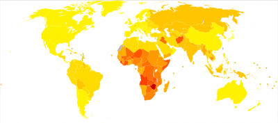 Disability-adjusted life years per 100,000 people in 2004. The DALY for a disease is the sum of the years of life lost due to premature mortality and the years lost due to disability for incident cases of the health condition. The map is shaded such that countries coloured in red or orange have a higher DALY than those in yellow