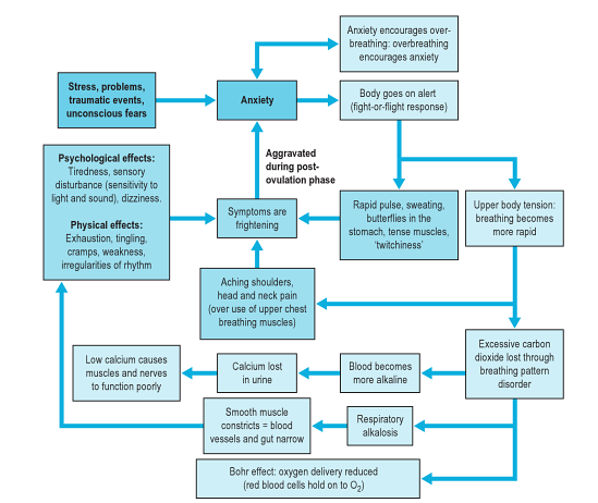 Stress-anxiety-breathing flow chart showing multiple possible effects and influences of breathing pattern disorders