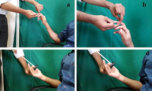 File:The method of eliciting the reflexes. a & b = Hoffman's reflex . c & d = finger flexion.jpg