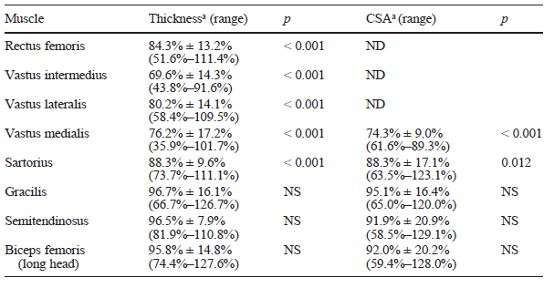 Figure 5. Percentage of muscle thickness and cross-sectional area on the amputated side compared with the contralateral muscle (ND not determined, NS Not significant)